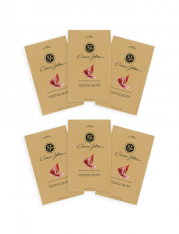 Multipack of 80g sachets of Sliced Cinco Jotas Jamón, including one packet free of charge 